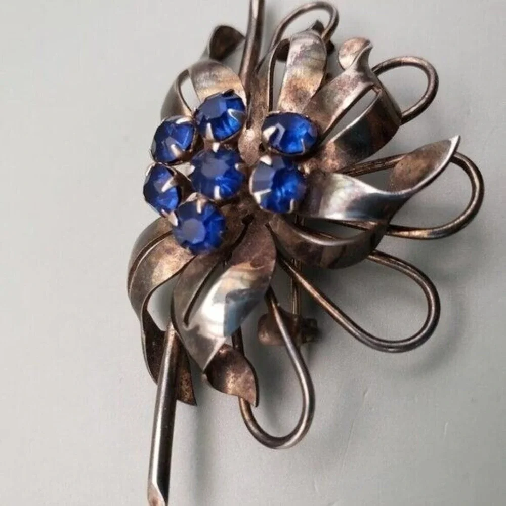 Vintage‎ Sterling Silver Brooch Blue Stones Retro Patina